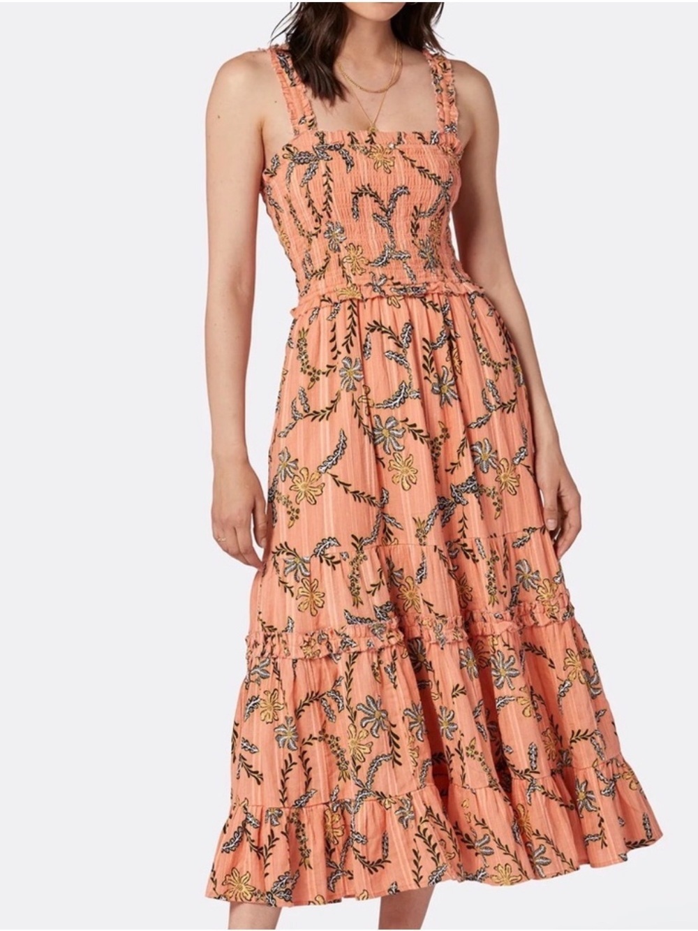 JOIE Jaileene Maxi Dress Camellia Multi Orange Floral Smocked 100% Cotton Size L